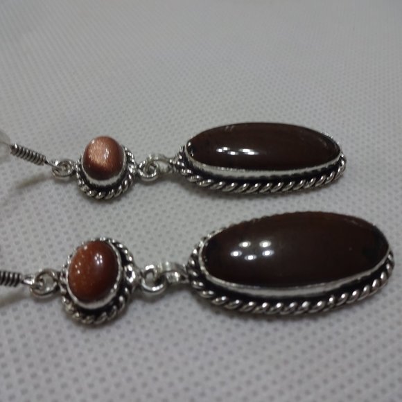 Natural "POPPY JASPER & GOLD SUNSTONE" Handmade Sterling Dangle Earrings #701A - Picture 3 of 3